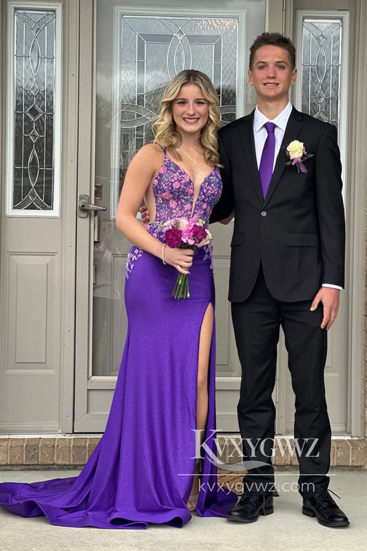 Dazzling Mermaid V Neck Purple Satin Prom Gown with Appliques LF918