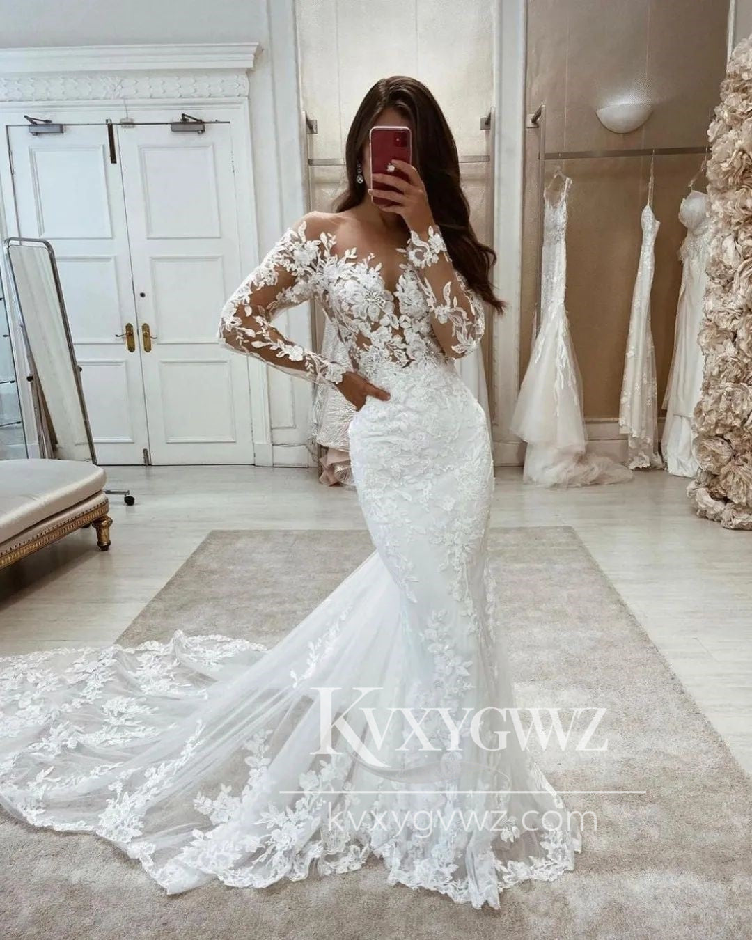 Graceful Mermaid Bateau Neck Long Sleeves Wedding Dresses Gown with Appliques HS918