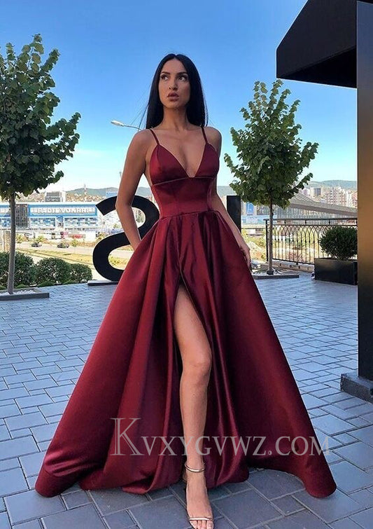 A-line V Neck Sleeveless Sweep Train Satin Prom Dress LF092