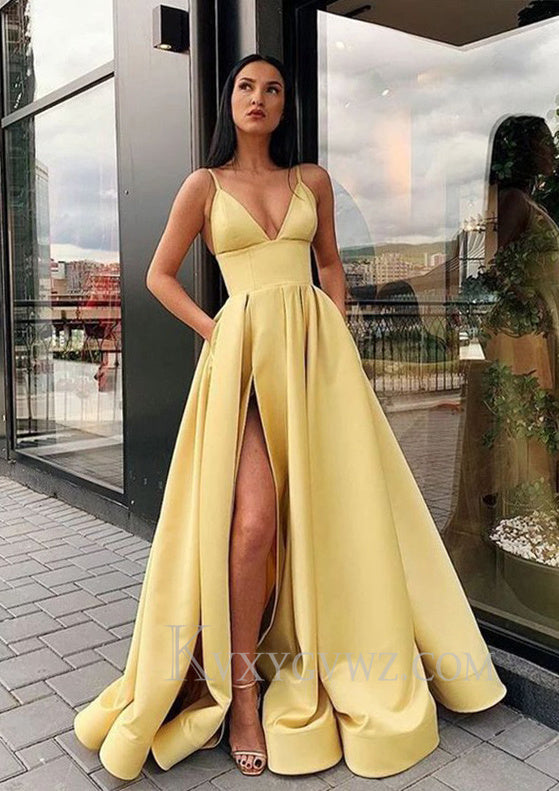 A-line V Neck Sleeveless Sweep Train Satin Prom Dress LF092