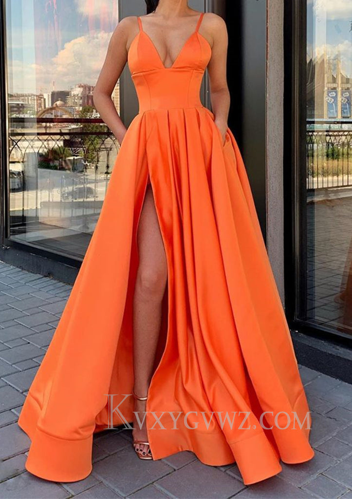 A-line V Neck Sleeveless Sweep Train Satin Prom Dress LF092