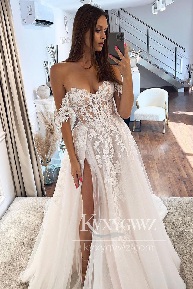Pastoral Style A Line Sweetheart Tulle Wedding Dresses Gown with Appliques HS920