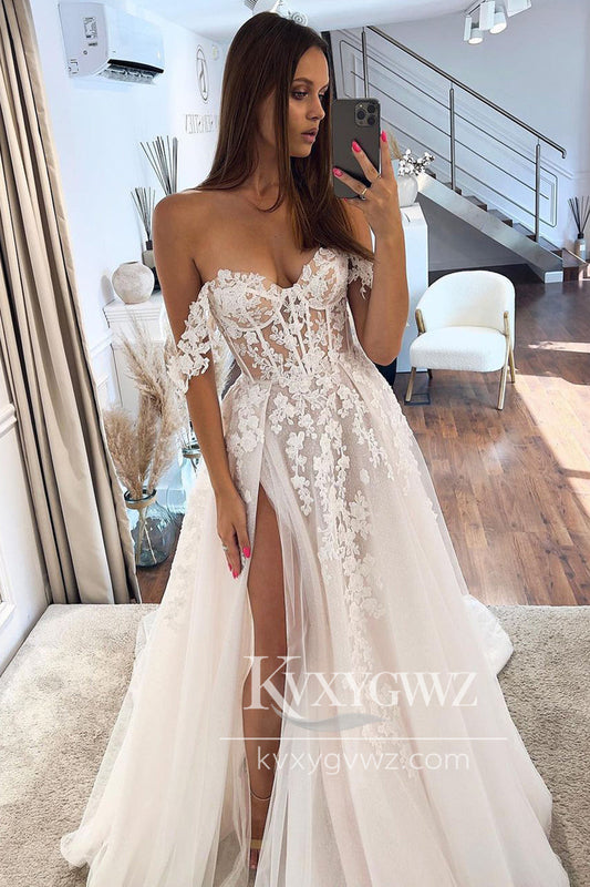 Pastoral Style A Line Sweetheart Tulle Wedding Dresses Gown with Appliques HS920