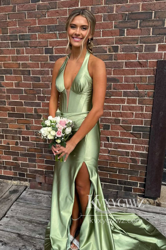Stunning Mermaid Halter Sage Green Satin Long Prom Evening Dresses with Slit LF920