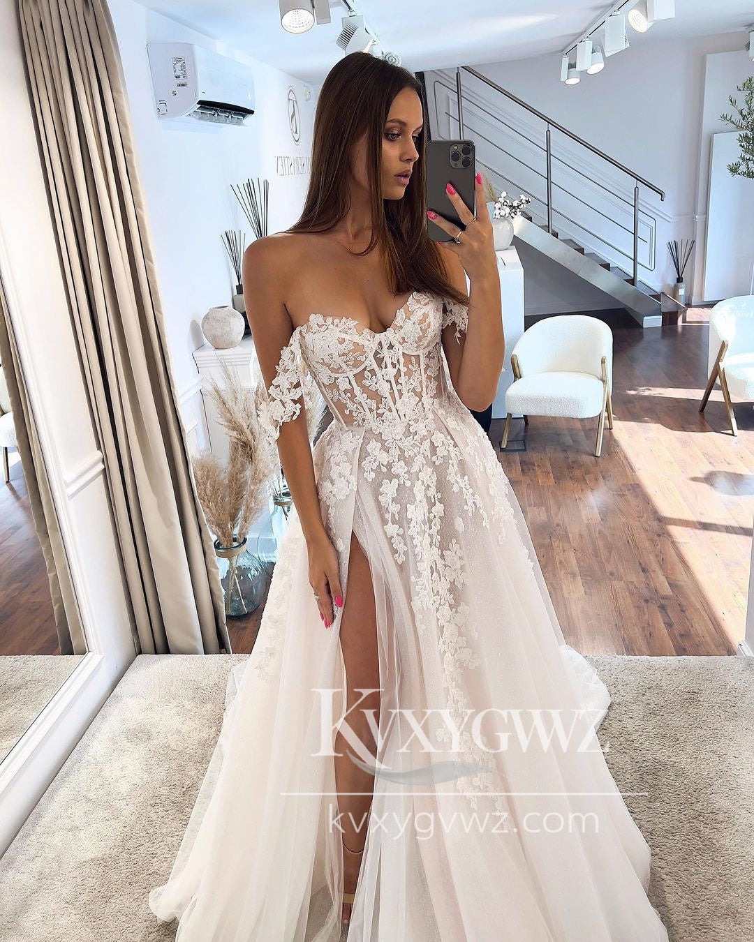 Pastoral Style A Line Sweetheart Tulle Wedding Dresses Gown with Appliques HS920
