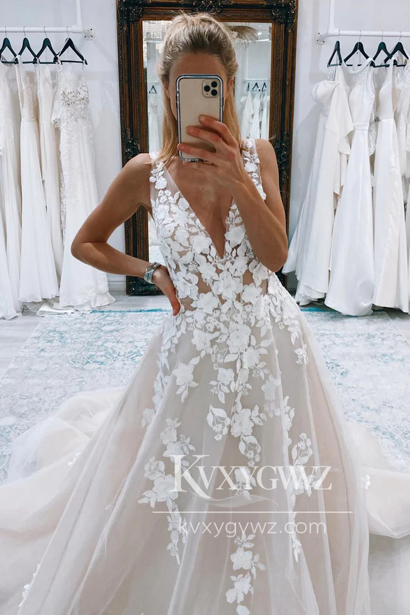 A Line V Neck Tulle Wedding Dresses Gown with Appliques HS921