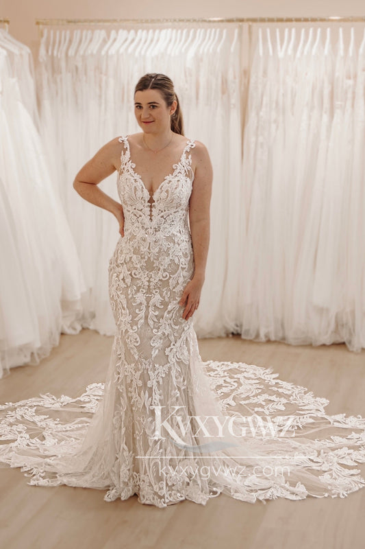 Romantic Mermaid V Neck Lace Wedding Dresses Gown with Appliques HS922