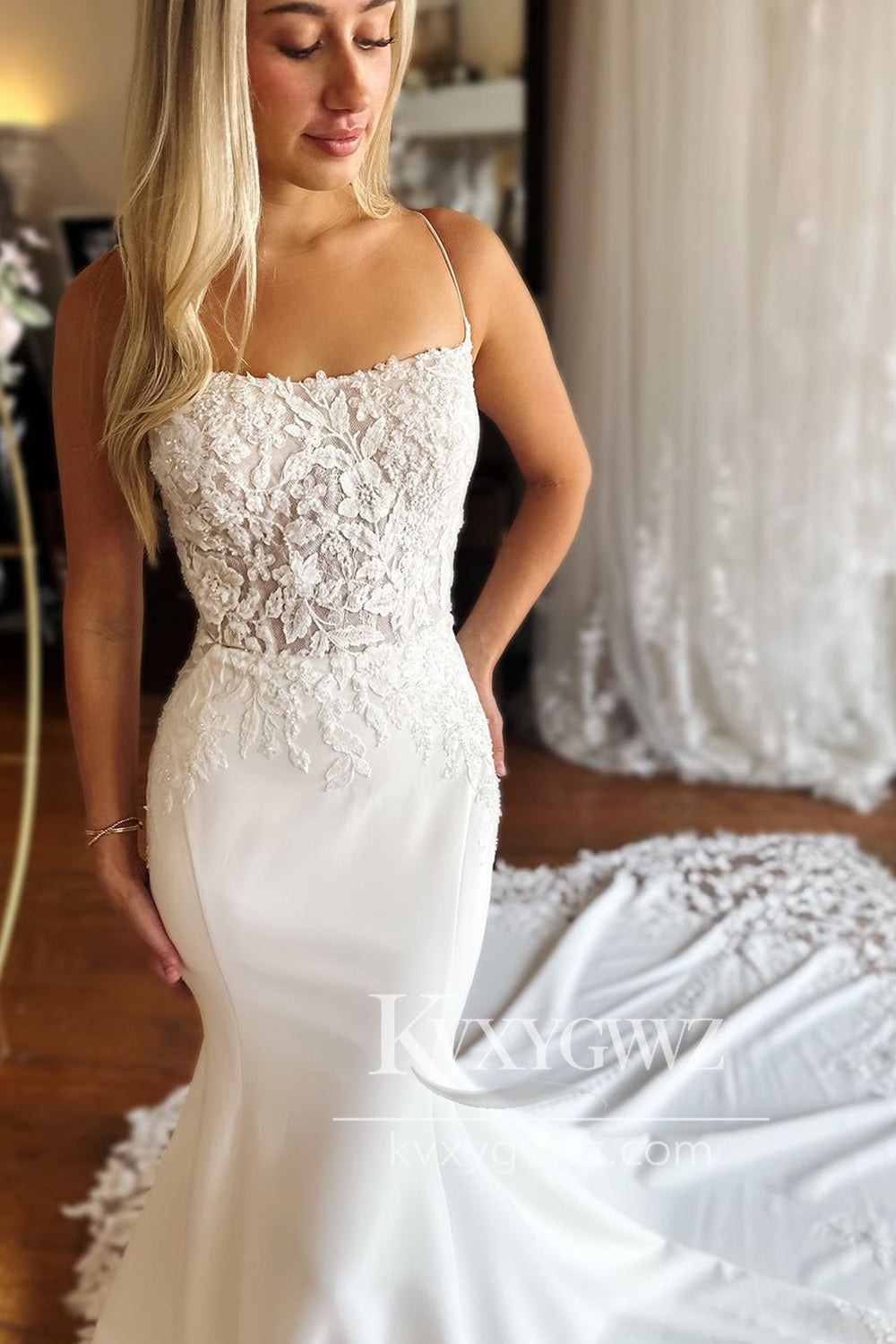 Graceful Mermaid Scoop Neck Satin Long Wedding Dresses Gown HS923