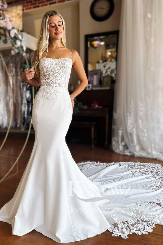 Graceful Mermaid Scoop Neck Satin Long Wedding Dresses Gown HS923