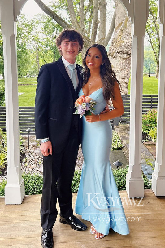 Charming Mermaid V Neck Evening Gown Light Blue Elastic Satin Long Prom Dress LF923