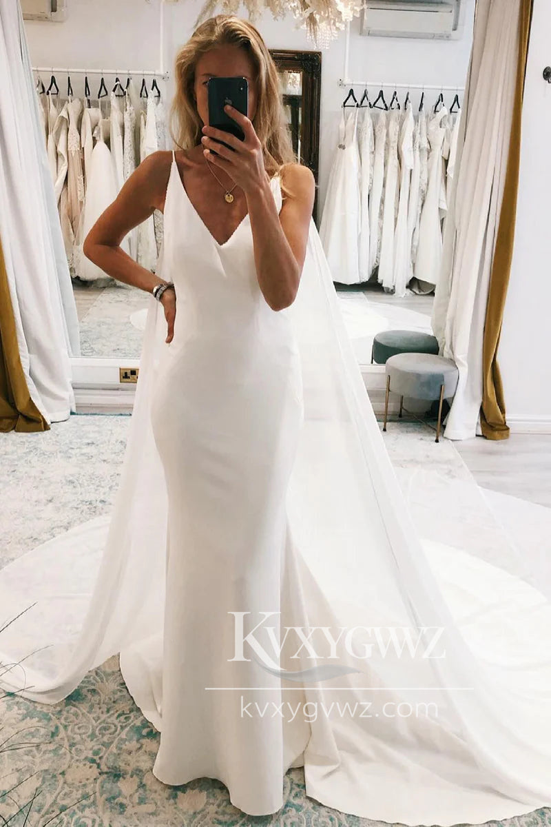Simple Memraid V Neck Elastic Satin Long Wedding Dresses Gown With Train HS924