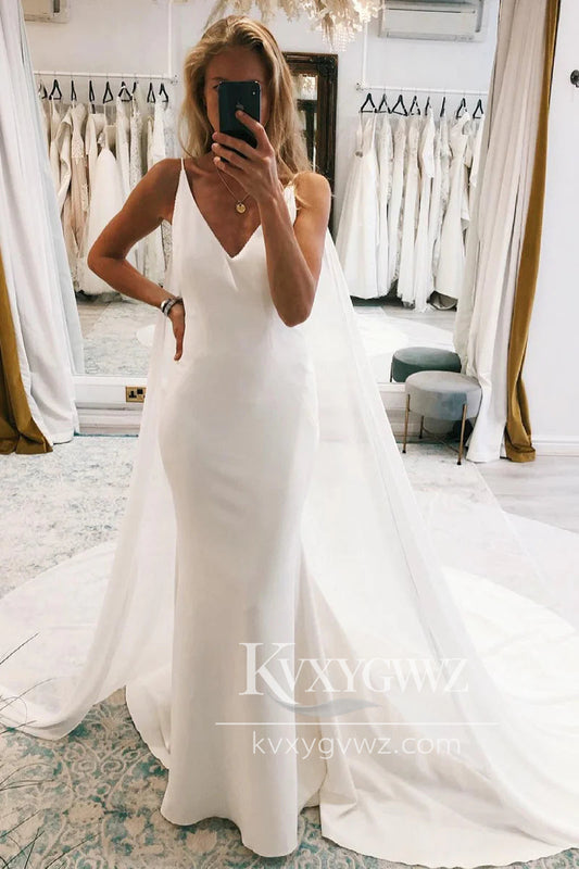 Simple Memraid V Neck Elastic Satin Long Wedding Dresses Gown With Train HS924