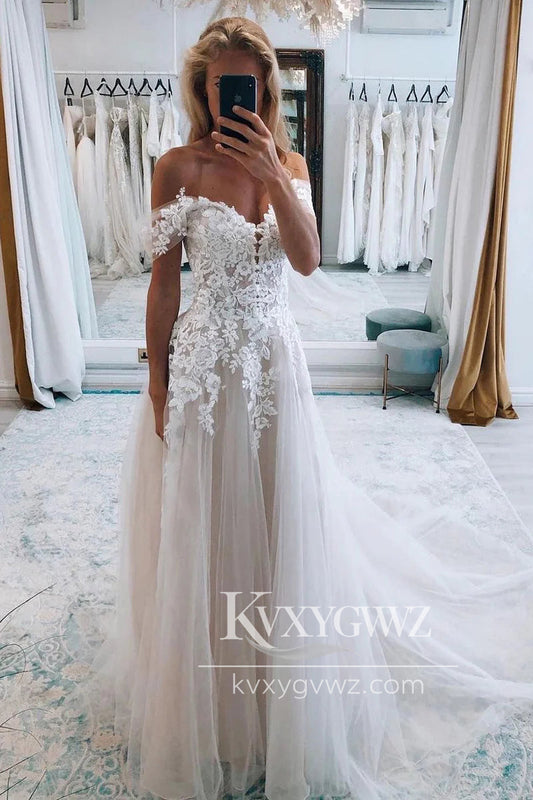 Bohemian A Line Off the Shoulder Tulle Wedding Dresses Gown With Sweep Train HS925