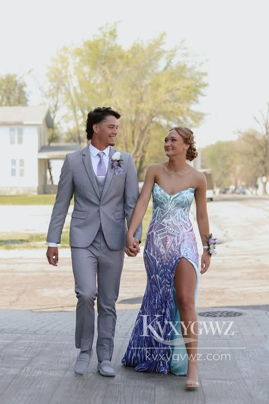 Charming Mermaid Evening Gown V Neck Sequins Slit Prom Dress LF926