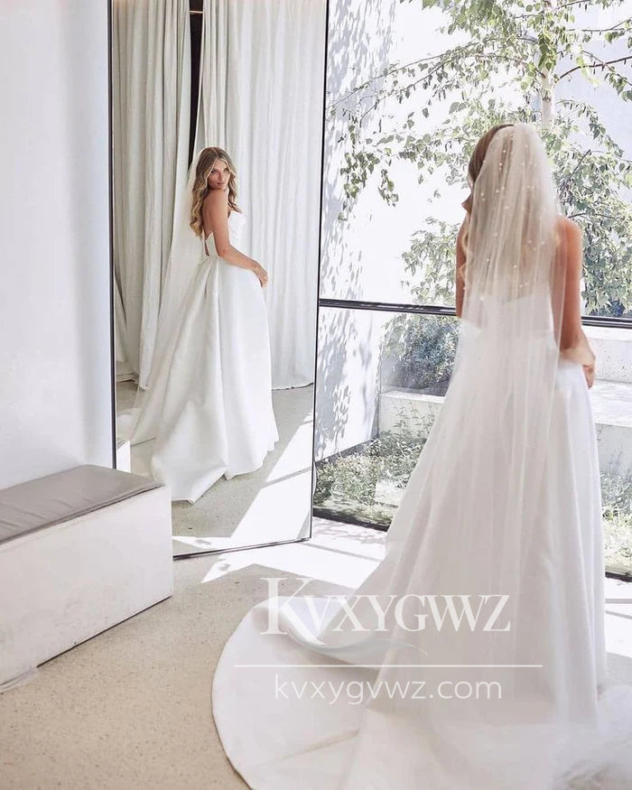Ball Gown V Neck Pleat Satin Long Wedding Dresses Gown with Slit HS926
