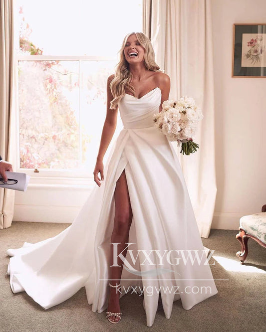 Ball Gown V Neck Pleat Satin Long Wedding Dresses Gown with Slit HS926