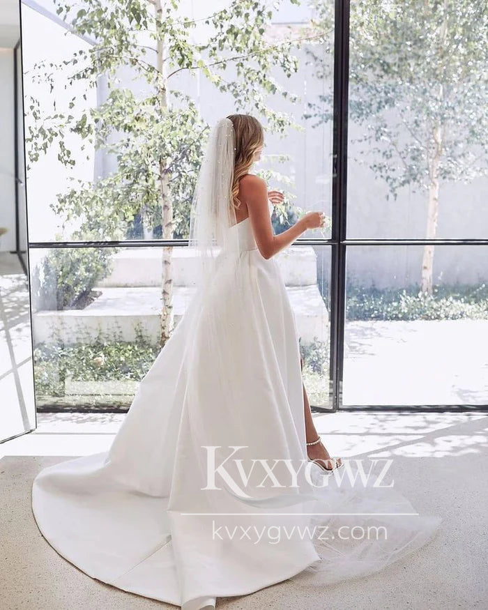 Ball Gown V Neck Pleat Satin Long Wedding Dresses Gown with Slit HS926