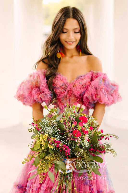 Dazzling Ball Gown Tiered Pink Evening Gown Floral Tulle Prom Dress Gown LF927