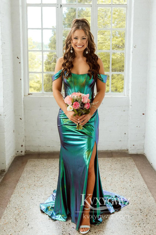 Charming Mermaid Magic Green Evening Gown Conspicuous Satin Prom Dress with Slit LF928