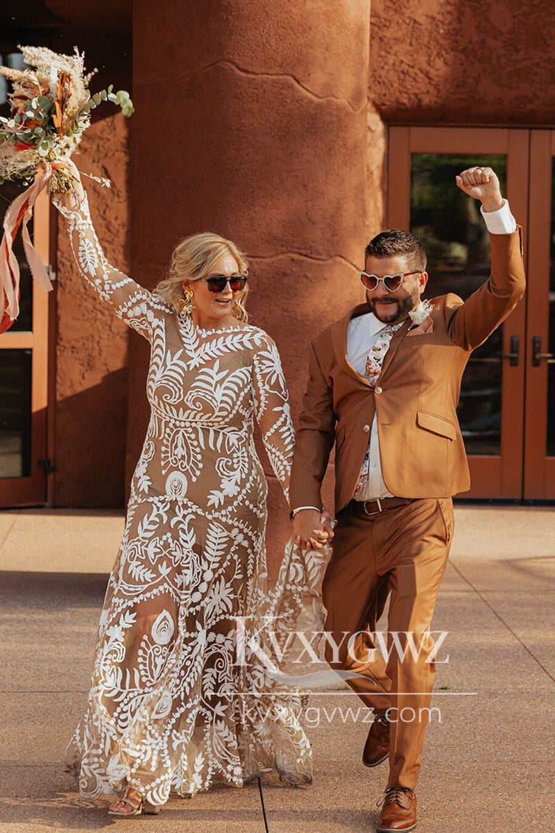 Bohemian Mermaid Long Sleeves Champagne Lace Wedding Dresses Gown HS929