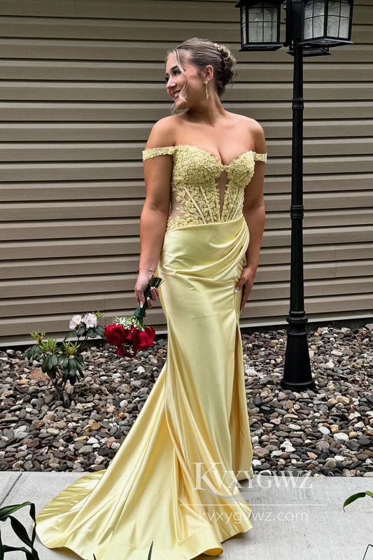 Stunning Mermaid Evening Gown Off the Shoulder Yellow Satin Prom Dress with Appliques LF929