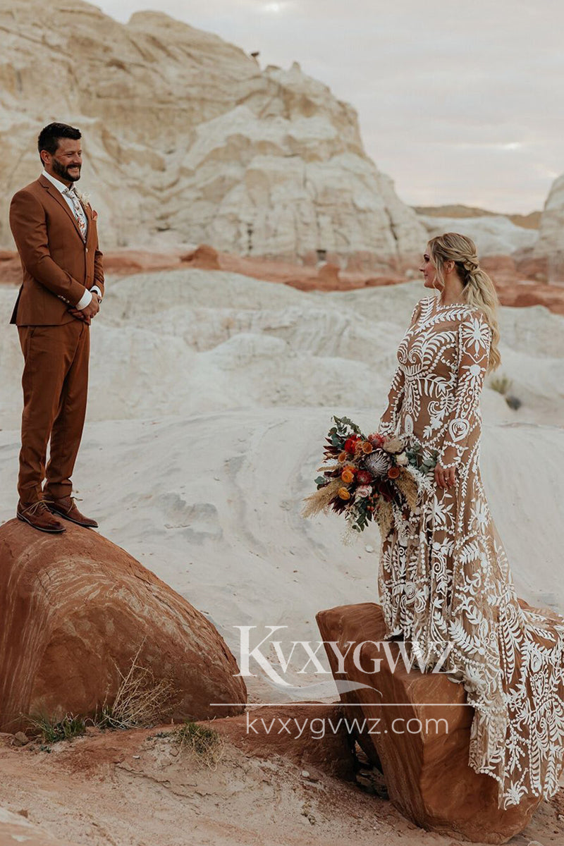 Bohemian Mermaid Long Sleeves Champagne Lace Wedding Dresses Gown HS929