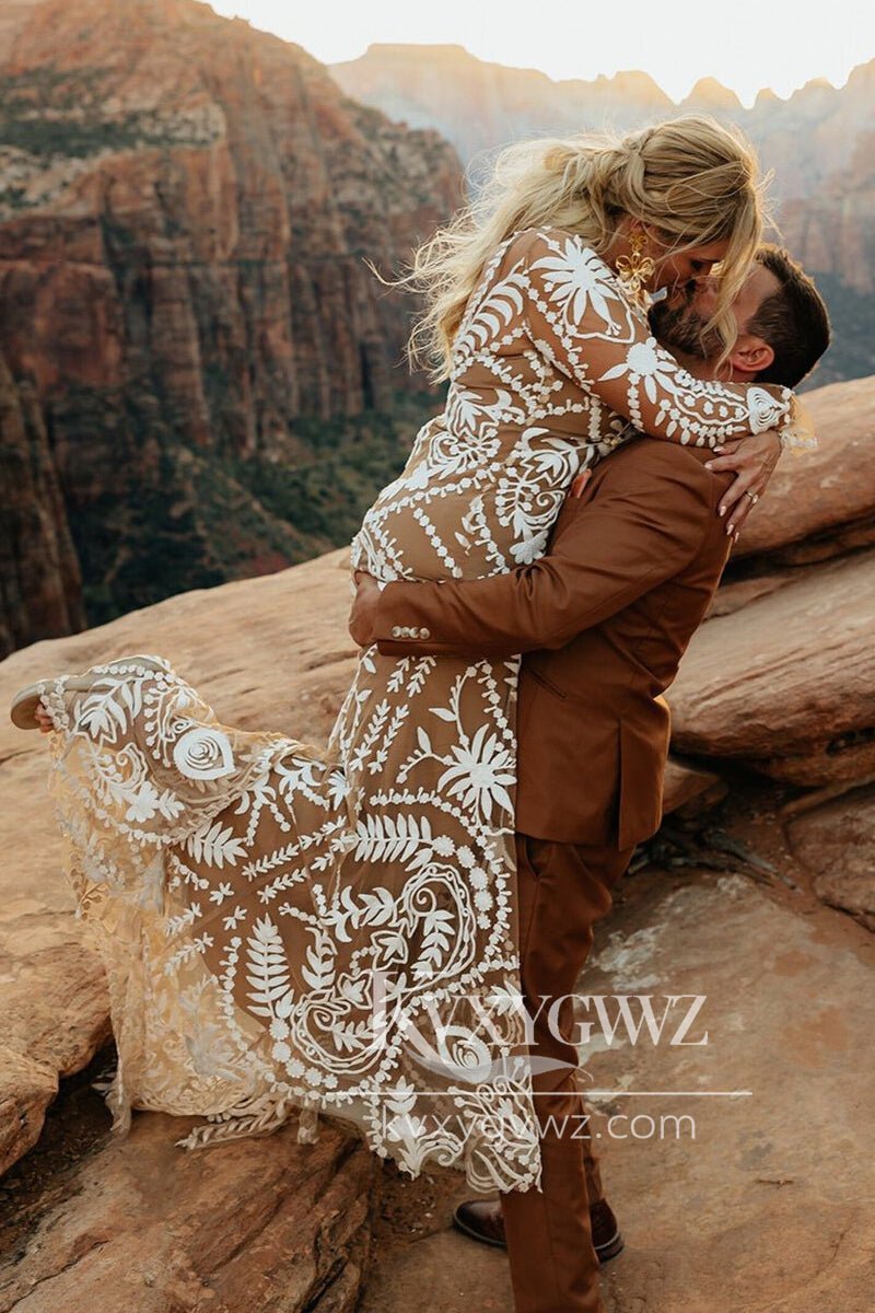 Bohemian Mermaid Long Sleeves Champagne Lace Wedding Dresses Gown HS929