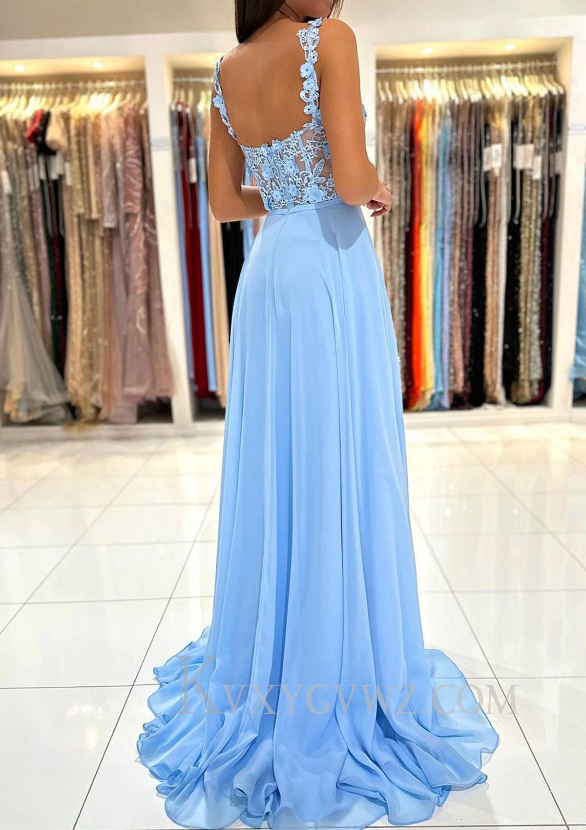 A-line Sweetheart Sleeveless Sweep Train Chiffon Prom Dress With Appliqued Split LF093