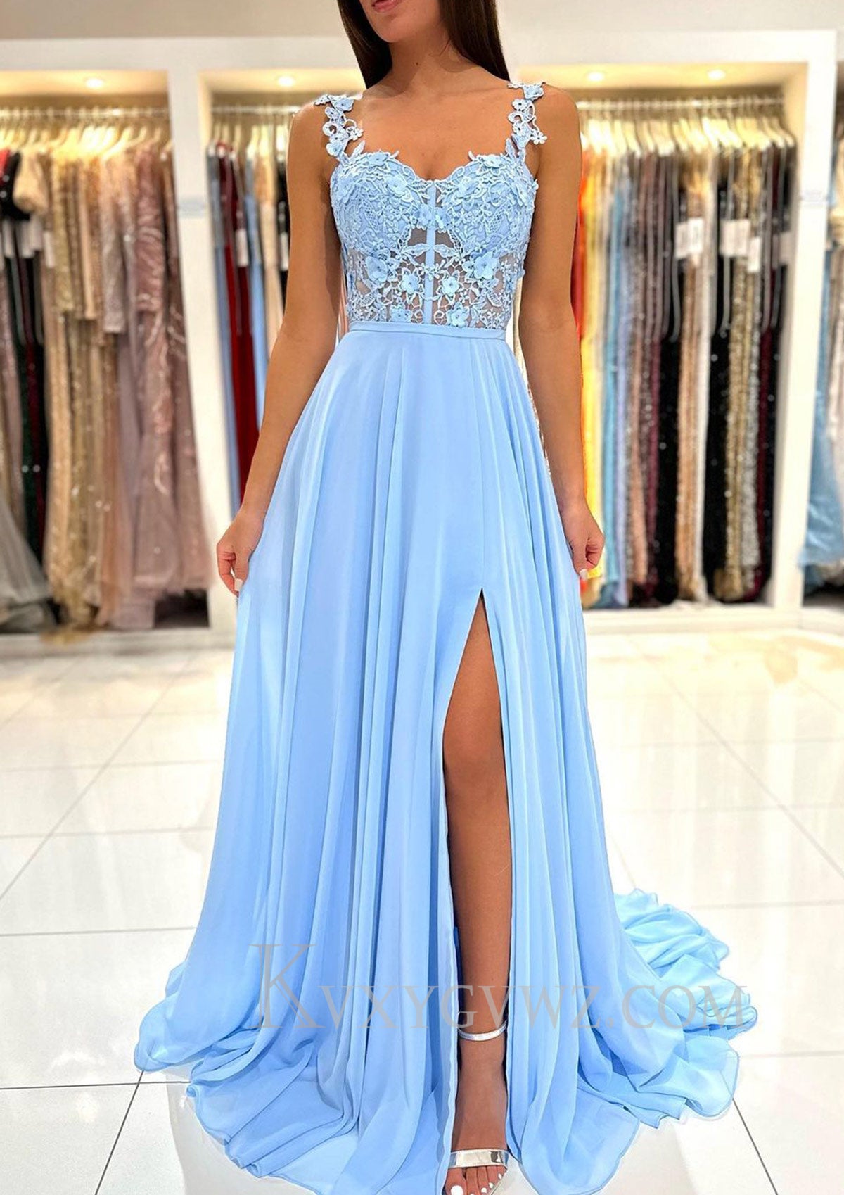 A-line Sweetheart Sleeveless Sweep Train Chiffon Prom Dress With Appliqued Split LF093