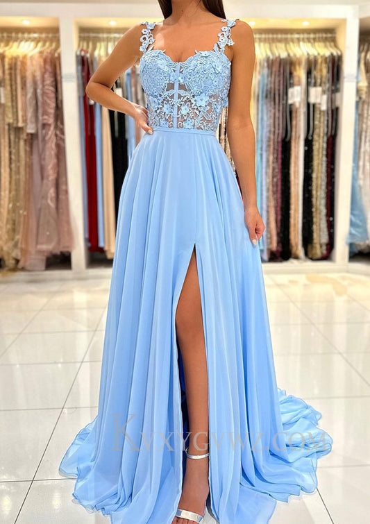 A-line Sweetheart Sleeveless Sweep Train Chiffon Prom Dress With Appliqued Split LF093
