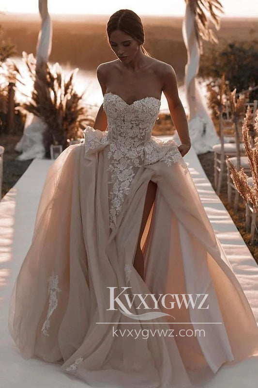 Modern Graceful Ball Gown Sweetheart Dark Blush Champagne Wedding Dresses Gown with Appliques HS930