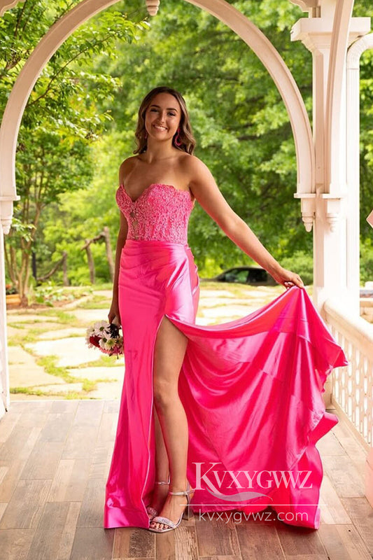 Charming Mermaid Sweetheart Evening Gown Pink Satin Prom Dress with Slit LF930