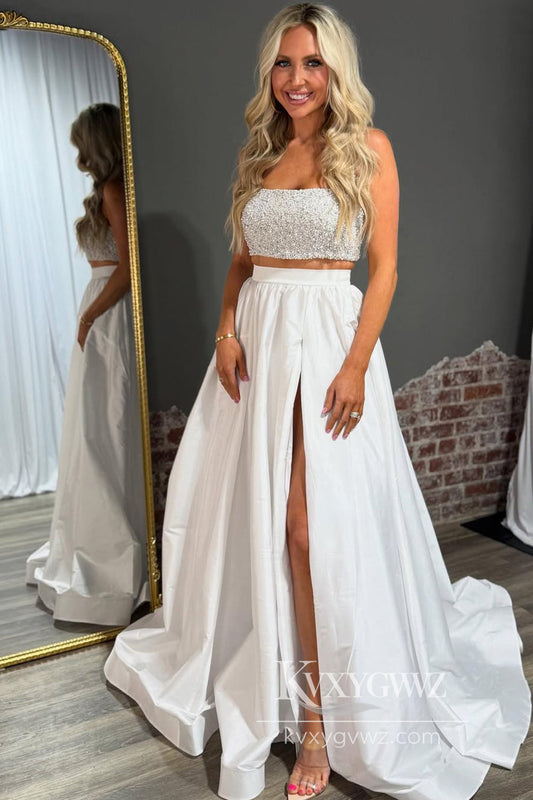 Stunning Ball Gown Strapless Two Piece Evening Gown Satin Long Prom Dress with Beading LF931