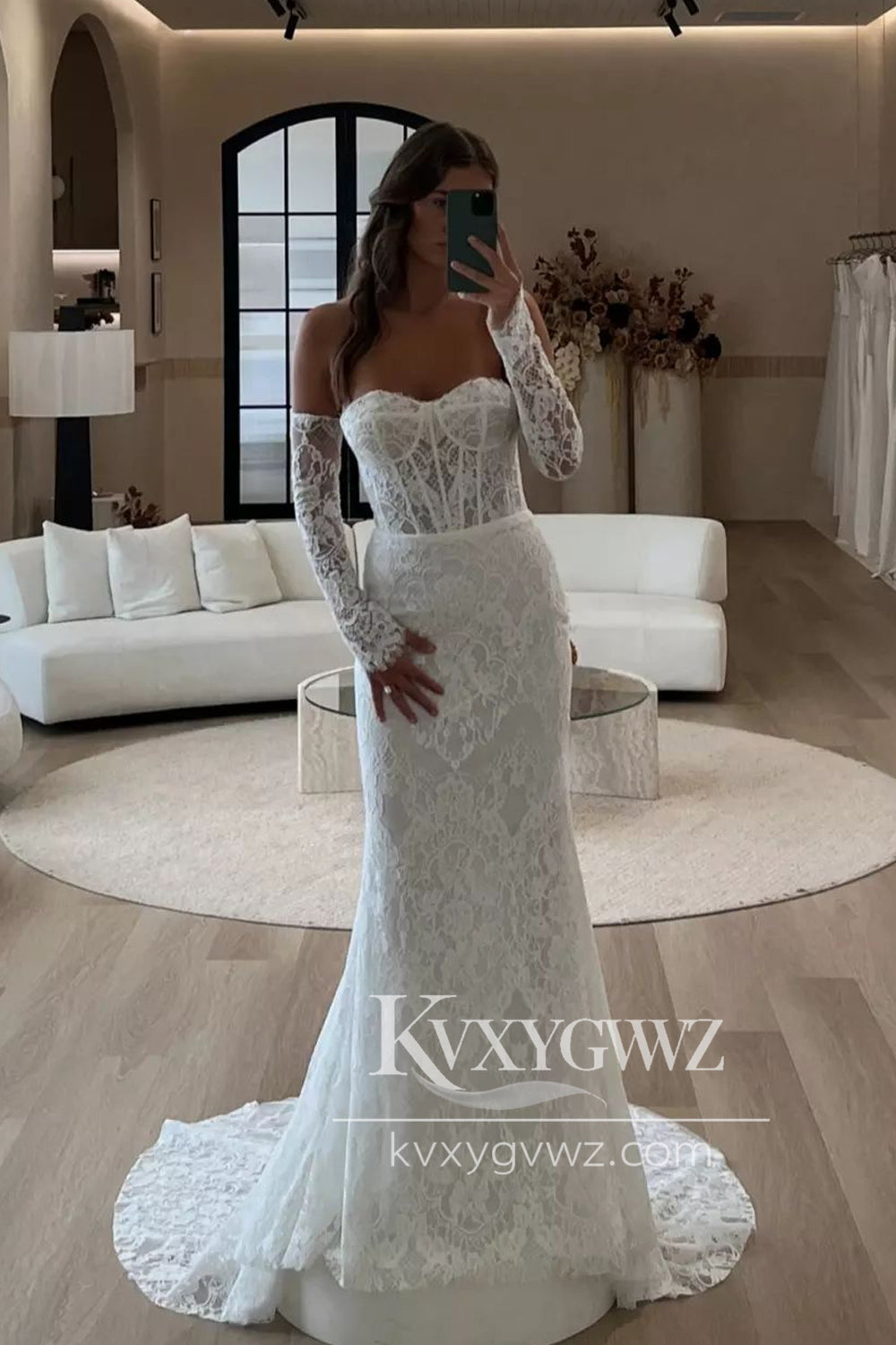 Graceful Mermaid Lace Wedding Dresses Gown with Long Sleeves HS931