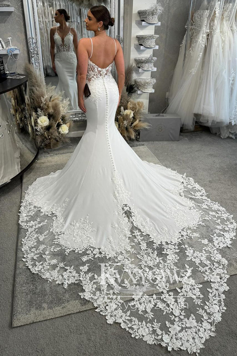 Glamorous Mermaid V Neck Elastic Satin Wedding Dresses Gown with Appliques HS932