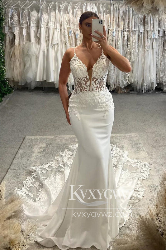 Glamorous Mermaid V Neck Elastic Satin Wedding Dresses Gown with Appliques HS932