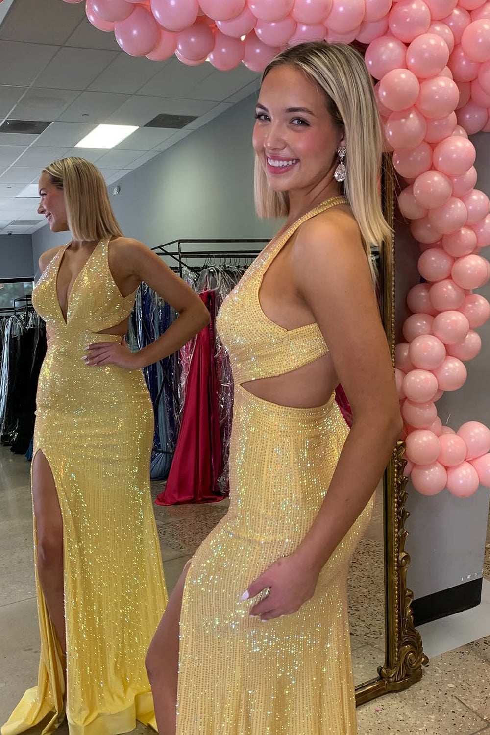 Mermaid Halter Yellow Beads Long Prom Dress Gown with Slit LF1394