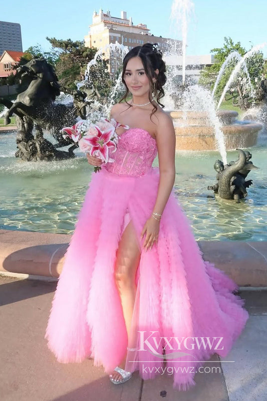 Stunning Ball Gown Sweetheart Evening Gown Pink Tiered Tulle Prom Dress with Slit LF934