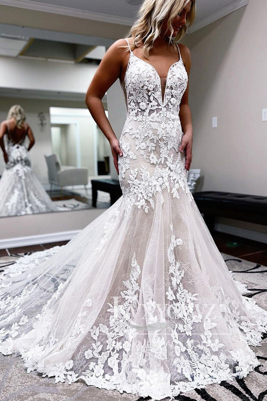 Glamorous Mermaid V Neck Lace Wedding Dresses Gown with Appliques HS934