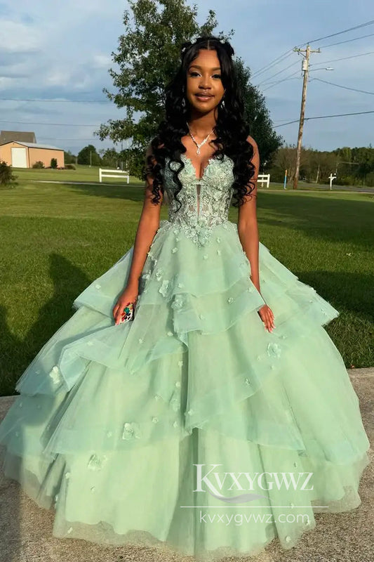 Ball Gown V Neck Sage Green Evening Dress Tulle Prom Gown with 3D Appliques LF935