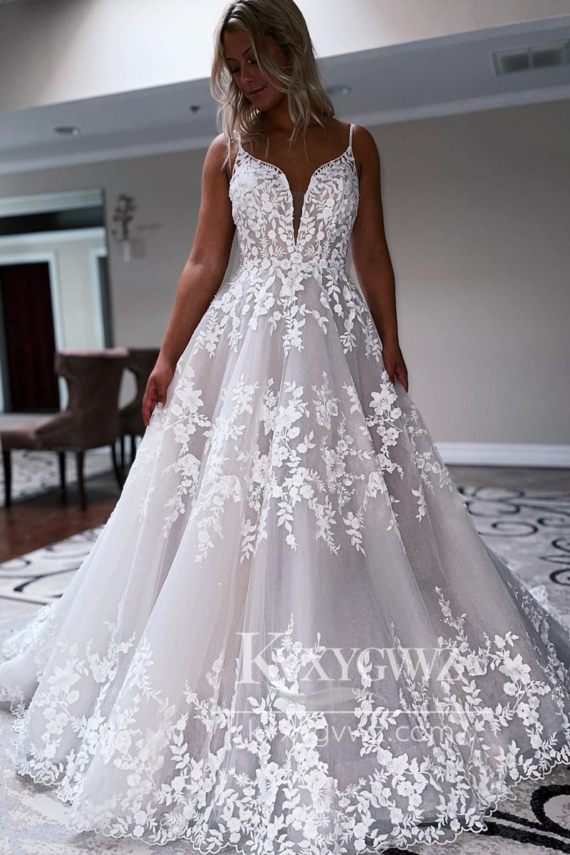 Glamorous Ball Gown V Neck Tulle Lace Wedding Dresses Gown HS935