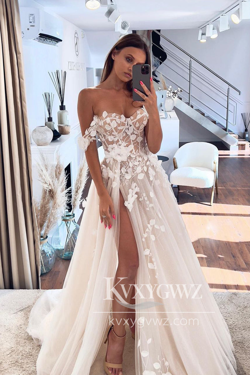 Modern Ball Gown Off the Shoulder Tulle Wedding Dresses Gown with 3D Appliques HS936