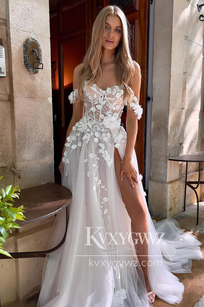 Modern Ball Gown Off the Shoulder Tulle Wedding Dresses Gown with 3D Appliques HS936