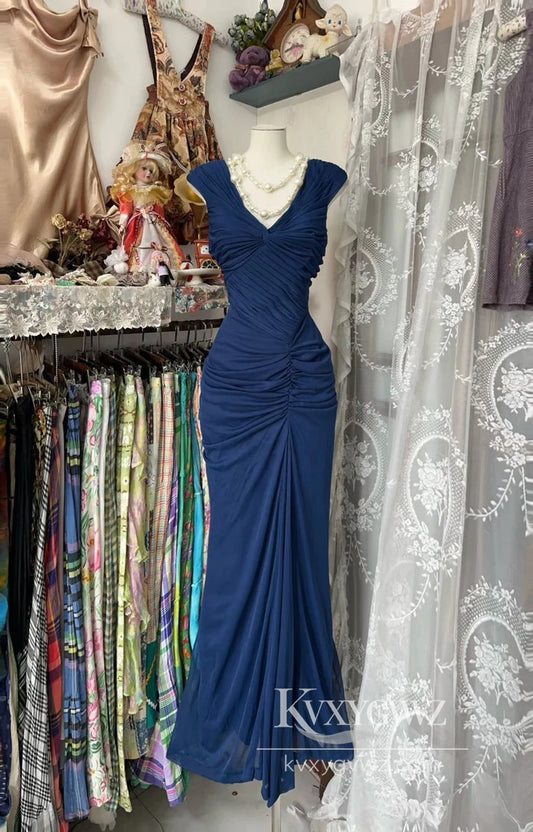 Vintage Fashion Mermaid V Neckline Evening Gown Navy Blue Floor Length Prom Dress LF937