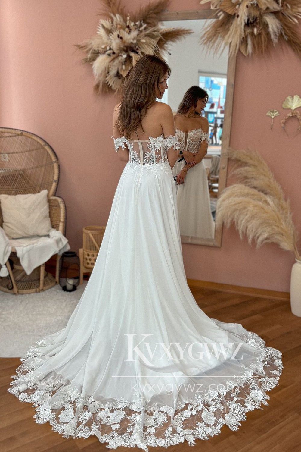 Boho A Line Off the Shoulder Chiffon Long Wedding Dresses Gown with Appliques HS937