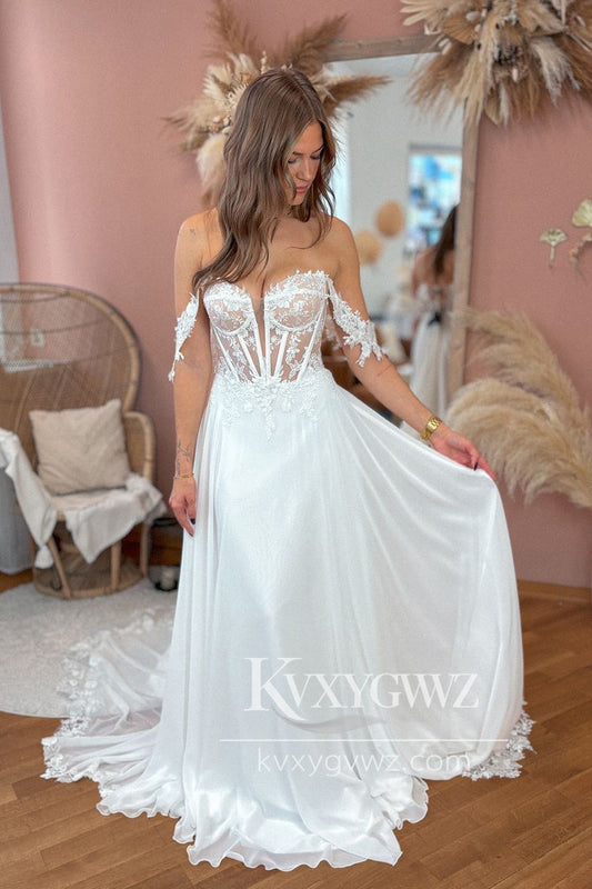 Boho A Line Off the Shoulder Chiffon Long Wedding Dresses Gown with Appliques HS937