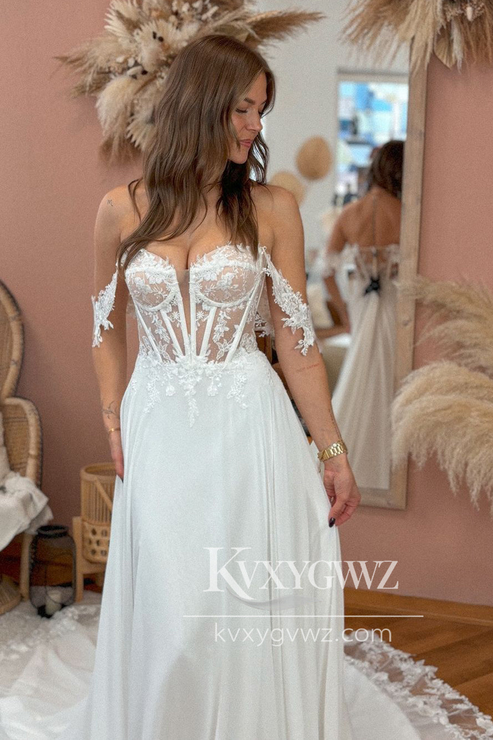 Boho A Line Off the Shoulder Chiffon Long Wedding Dresses Gown with Appliques HS937