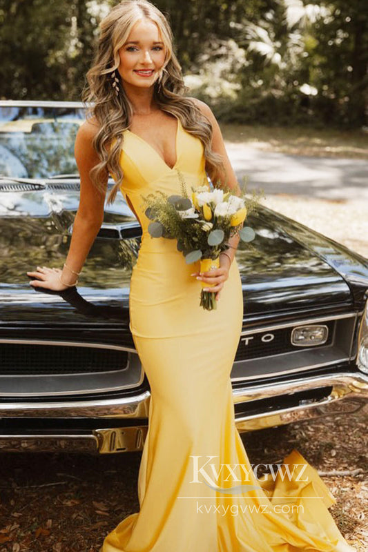 Charming Mermaid Evening Gown V Neck Yellow Elastic Satin Prom Dress LF938
