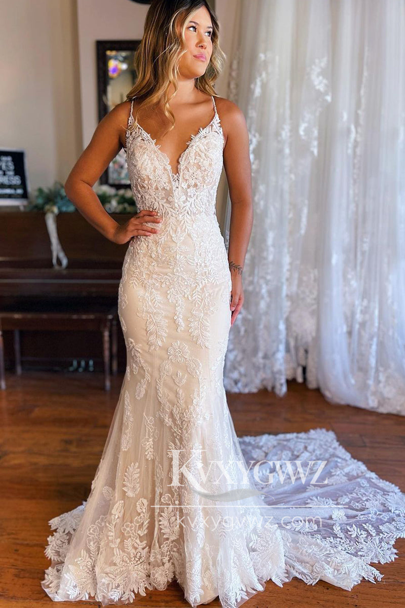 Dazzling Mermaid V Neck Lace White Wedding Dresses Gown With Sweep Train HS938