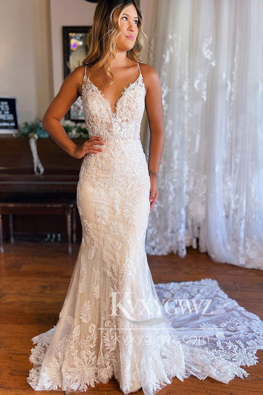 Dazzling Mermaid V Neck Lace White Wedding Dresses Gown With Sweep Train HS938
